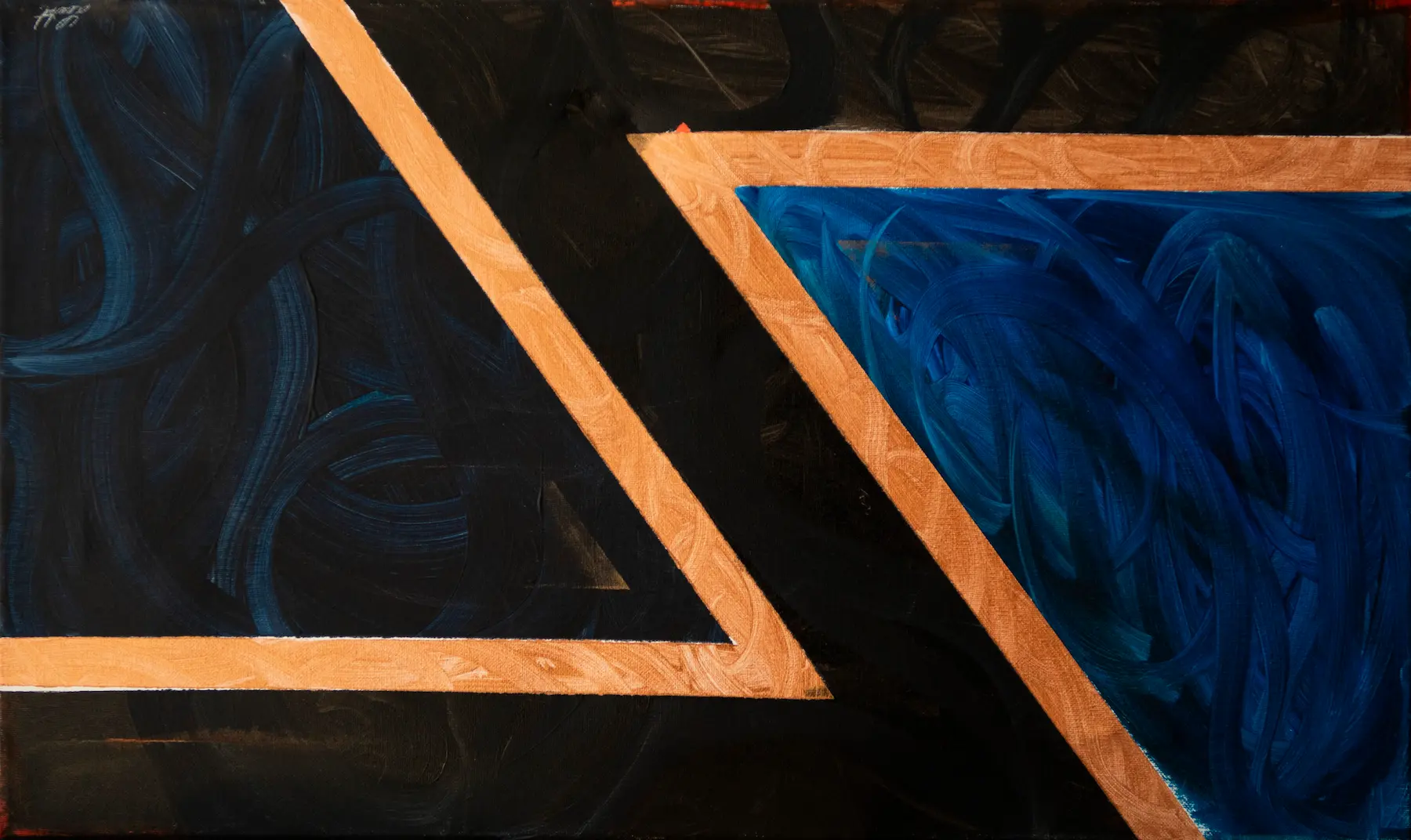 BigZ, peinture abstraite : deux triangles dorés sur fond bleu nuit, parsemés d'entrelacs évoquant des hiéroglyphes
