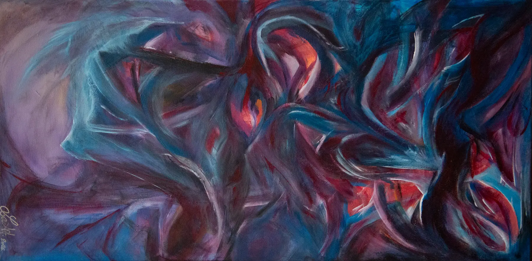 peinture representation ciel, terre, bleu, rouge, violet 